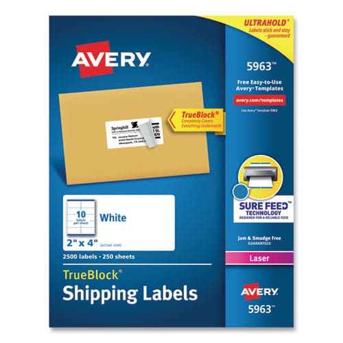 Avery Shipping Labels W/ Trueblock Technology Laser Printers 2 X 4 White 10/sheet 250 Sheets/box - Office - Avery®
