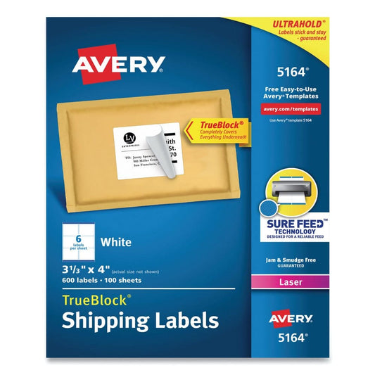 Avery Shipping Labels w/ TrueBlock Technology Laser Printers 3.33 x 4 White 6/Sheet 100 Sheets/Box - Labels & Label Makers - Avery