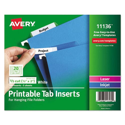 Avery Tabs Inserts For Hanging File Folders 1/5-cut White 2 Wide 100/pack - Office - Avery®