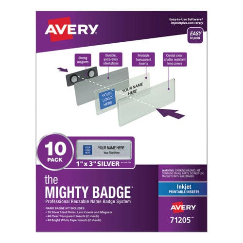 Avery The Mighty Badge Name Badge Holder Kit Horizontal 3 X 1 Inkjet Silver 10 Holders/ 80 Inserts - Office - Avery®