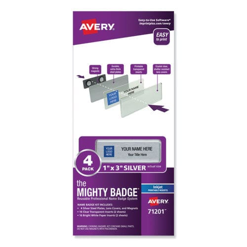 Avery The Mighty Badge Name Badge Holder Kit Horizontal 3 X 1 Inkjet Silver 4 Holders/32 Inserts - Office - Avery®