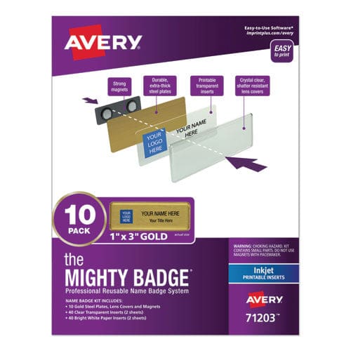 Avery The Mighty Badge Name Badge Holder Kit Horizontal 3 X 1 Laser Gold 10 Holders/ 80 Inserts - Office - Avery®
