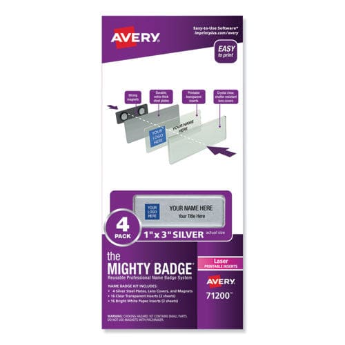 Avery The Mighty Badge Name Badge Holder Kit Horizontal 3 X 1 Laser Silver 10 Holders/ 80 Inserts - Office - Avery®