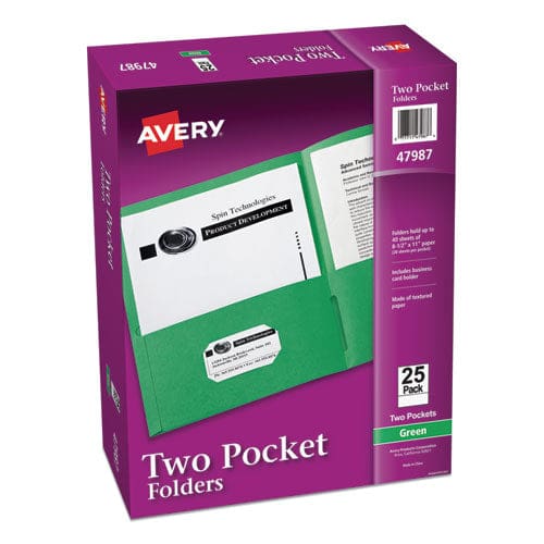 Avery Two-pocket Folder 40-sheet Capacity 11 X 8.5 Green 25/box - School Supplies - Avery®