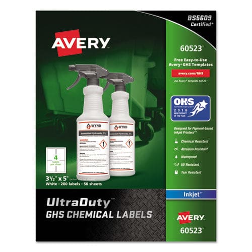 Avery Ultraduty Ghs Chemical Waterproof And Uv Resistant Labels 3.5 X 5 White 4/sheet 50 Sheets/box - Office - Avery®