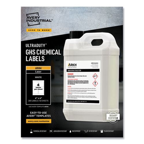 Avery Ultraduty Ghs Chemical Waterproof And Uv Resistant Labels 4 X 4 White 4/sheet 50 Sheets/box - Office - Avery®