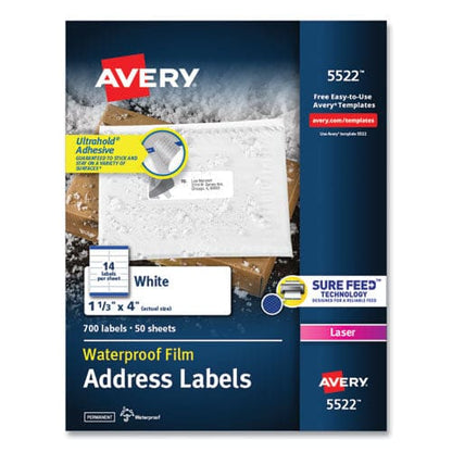Avery Waterproof Address Labels With Trueblock And Sure Feed Laser Printers 1.33 X 4 White 14/sheet 50 Sheets/pack - Office - Avery®