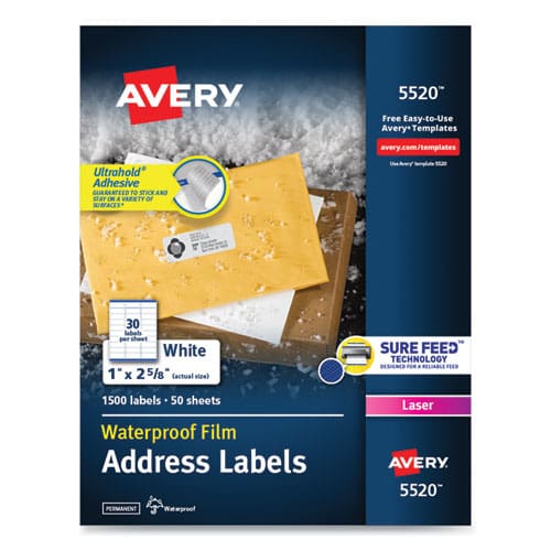 Avery Waterproof Address Labels With Trueblock And Sure Feed Laser Printers 1 X 2.63 White 30/sheet 50 Sheets/pack - Office - Avery®
