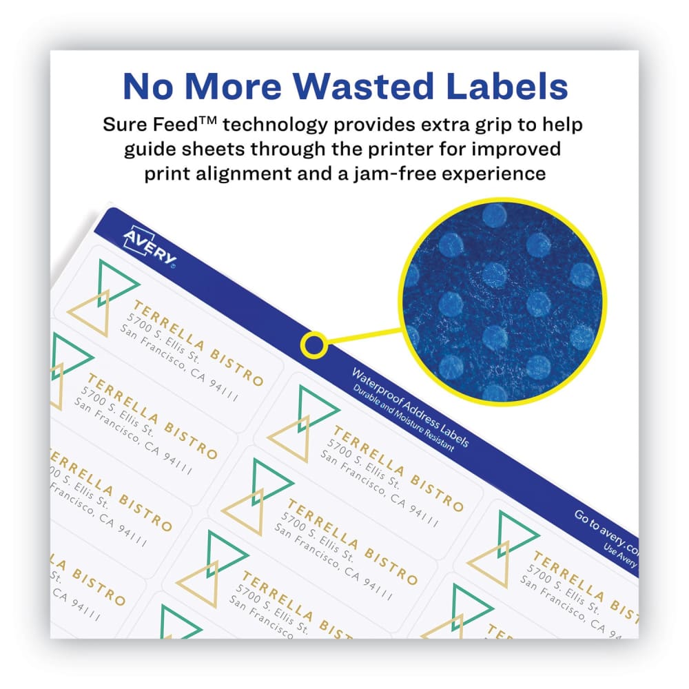 Avery Waterproof Shipping Labels With Trueblock And Sure Feed Laser Printers 2 X 4 White 10/sheet 500 Sheets/box - Office - Avery®