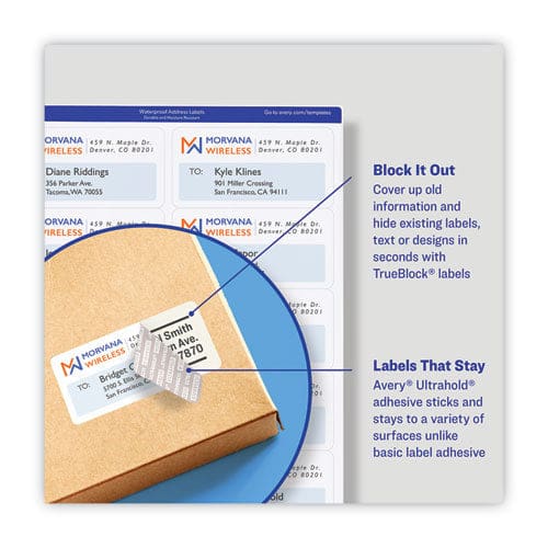 Avery Waterproof Shipping Labels With Trueblock And Sure Feed Laser Printers 3.33 X 4 White 6/sheet 50 Sheets/pack - Office - Avery®