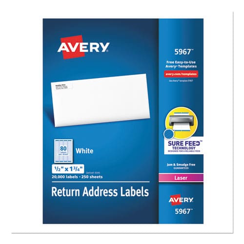 Avery White Address Labels W/ Sure Feed Technology For Laser Printers Laser Printers 0.5 X 1.75 White 80/sheet 250 Sheets/box - Office -