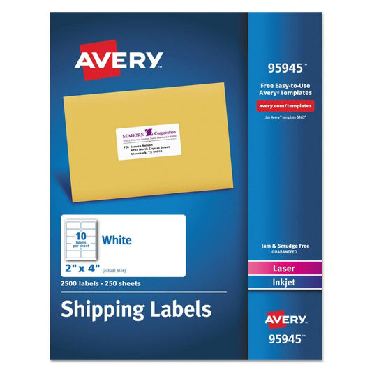 Avery White Shipping Labels-Bulk Packs Inkjet/Laser Printers 2 x 4 White 10/Sheet 250 Sheets/Box - Labels & Label Makers - Avery