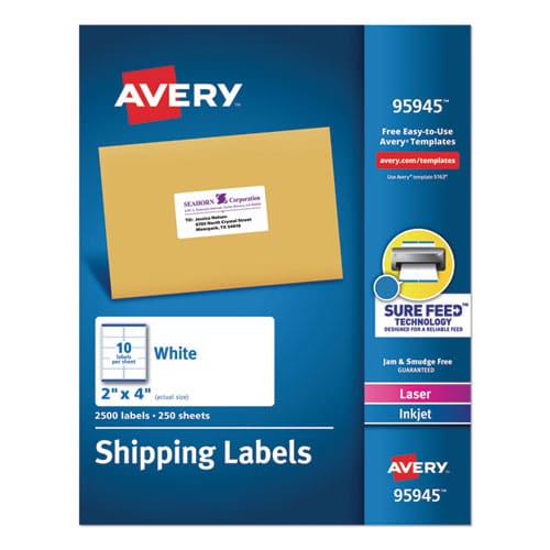 Avery White Shipping Labels-bulk Packs Inkjet/laser Printers 2 X 4 White 10/sheet 250 Sheets/box - Office - Avery®
