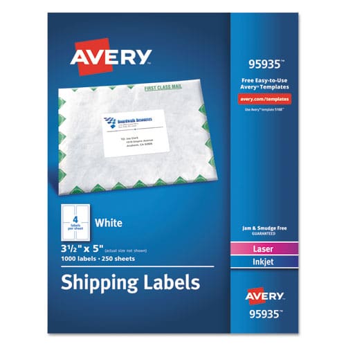 Avery White Shipping Labels-bulk Packs Inkjet/laser Printers 3.5 X 5 White 4/sheet 250 Sheets/box - Office - Avery®