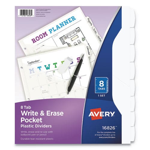 Avery Write And Erase Durable Plastic Dividers With Straight Pocket 8-tab 11.13 X 9.25 White 1 Set - School Supplies - Avery®