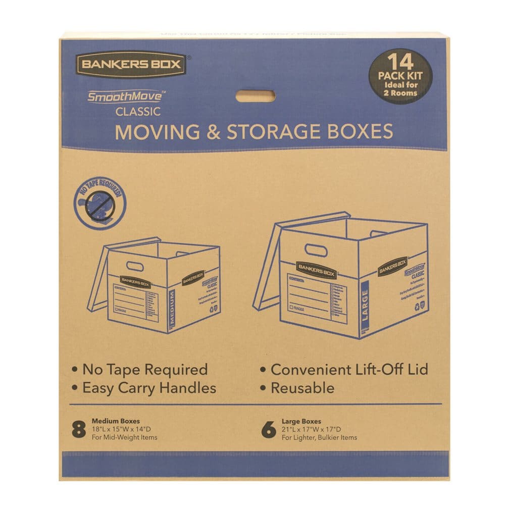 Bankers Box SmoothMove Classic 14 Box Kit (8 Medium/6 Large) - Portable Storage Boxes & Drawers - Bankers Box