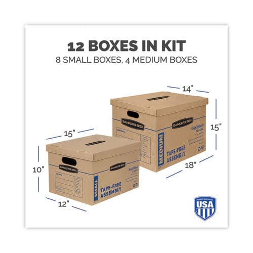 Bankers Box Smoothmove Classic Moving/storage Box Kit Half Slotted Container (hsc) Assorted Sizes: (8) Small (4) Med Brown/blue,12/ct -