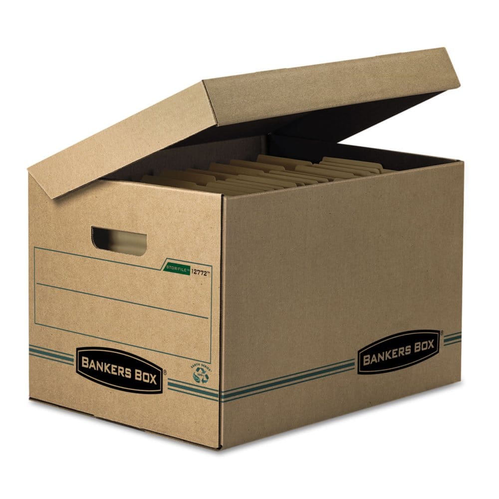 Bankers Box STOR/FILE Storage Box with Attached Lid Kraft/Green (Letter/Legal 12/Carton) - Portable Storage Boxes & Drawers - Bankers Box