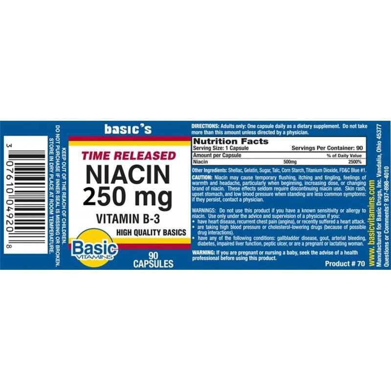 Basic Drugs Niacin Tr Cap 250Mg Box of 100 (Pack of 3) - Over the Counter >> Vitamins and Minerals - Basic Drugs