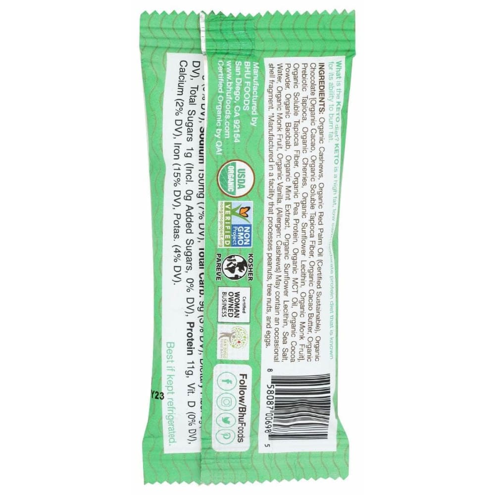 BHU FOODS Grocery > Refrigerated BHU FOODS: Chocolate Mint Cookie Dough Keto Protein Bar, 1.6 oz