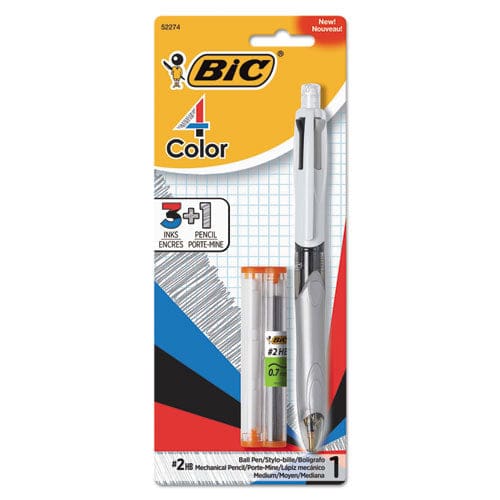BIC 4-color 3 + 1 Multi-color Ballpoint Pen/pencil Retractable 1 Mm Pen/0.7 Mm Pencil Black/blue/red Ink Gray/white Barrel - School Supplies