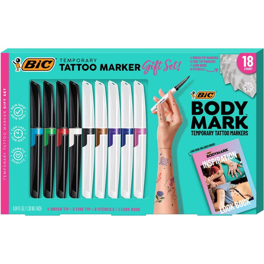 BIC BodyMark Temporary Tattoo Kit 9 Markers 5 Stencil Sheets and 1 Inspiration Book - Drawing & Coloring - BIC