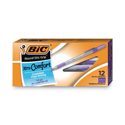 BIC Round Stic Grip Xtra Comfort Ballpoint Pen Easy-glide Stick Medium 1.2 Mm Purple Ink Gray/purple Barrel Dozen - School Supplies - BIC®