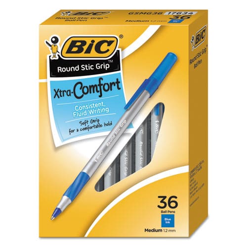 BIC Round Stic Grip Xtra Comfort Ballpoint Pen Value Pack Easy-glide Stick Medium 1.2 Mm Blue Ink Gray/blue Barrel 36/pack - School Supplies