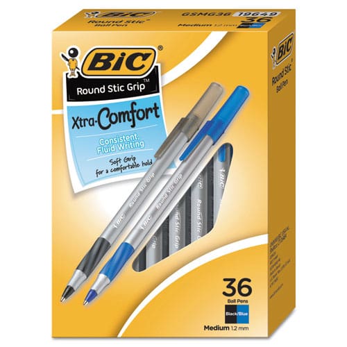 BIC Round Stic Grip Xtra Comfort Ballpoint Pen Value Pack Easy-glide Stick Medium 1.2mm Assorted Ink And Barrel Colors 36/pk - School