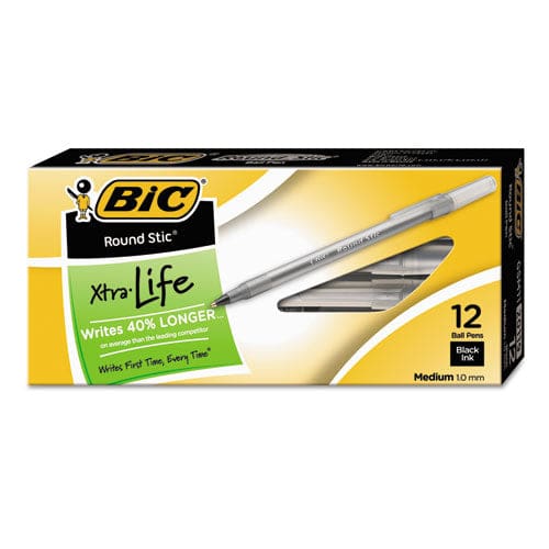 BIC Round Stic Xtra Life Ballpoint Pen Stick Medium 1 Mm Black Ink Smoke Barrel Dozen - School Supplies - BIC®