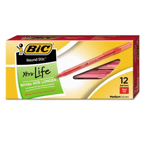 BIC Round Stic Xtra Life Ballpoint Pen Stick Medium 1 Mm Red Ink Translucent Red Barrel Dozen - School Supplies - BIC®