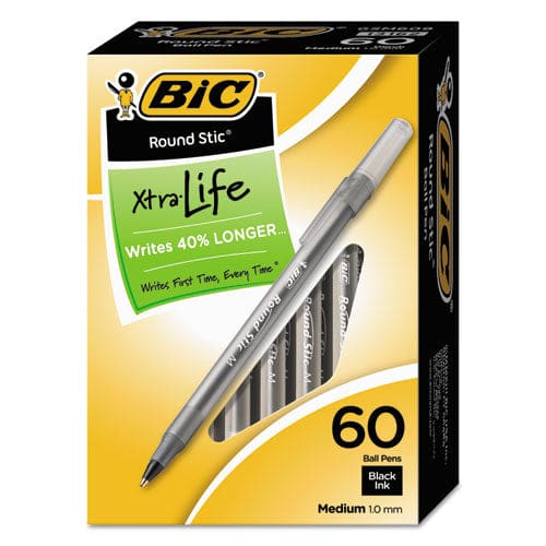 BIC Round Stic Xtra Life Ballpoint Pen Value Pack Stick Medium 1 Mm Black Ink Smoke Barrel 60/box - School Supplies - BIC®