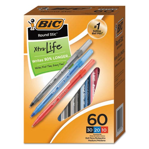 BIC Round Stic Xtra Precision Ballpoint Pen Value Pack Stick Medium 1 Mm Assorted Ink And Barrel Colors 60/pack - School Supplies - BIC®