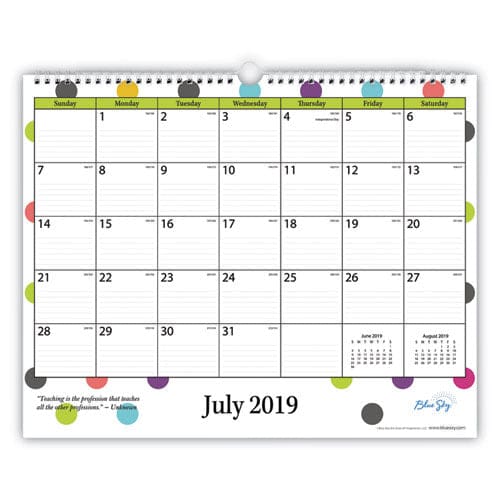 Blue Sky Academic Wall Calendar Teacher Dots Artwork/formatting 15 X 12 White/multicolor Sheets 12-month (july-june): 2021-2022 - School