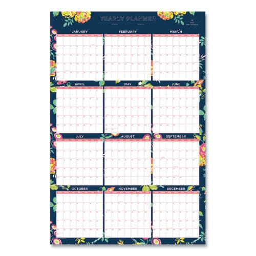 Blue Sky Day Designer Peyton Laminated Erasable Wall Calendar Floral Artwork 36 X 24 White/navy Sheets 12-month (jan-dec): 2023 - School