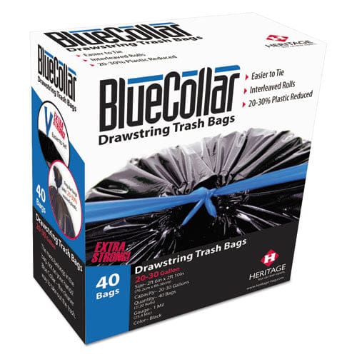 BlueCollar Drawstring Trash Bags 30 Gal 1 Mil 30 X 34 Black 20 Bags/roll 2 Rolls/box - Janitorial & Sanitation - BlueCollar