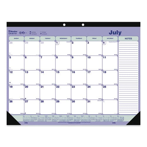 Blueline Academic Monthly Desk Pad Calendar 21.25 X 16 White/blue/green Black Binding/corners 13-month (july-july): 2022-2023 - School