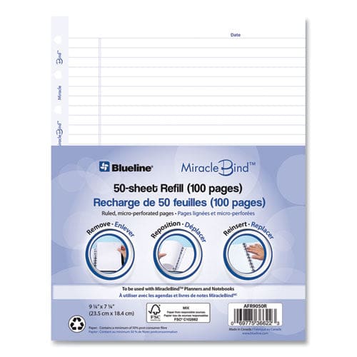 Blueline Miraclebind Ruled Paper Refill Sheets For All Miraclebind Notebooks And Planners 9.25 X 7.25 White/blue Sheets Undated - School