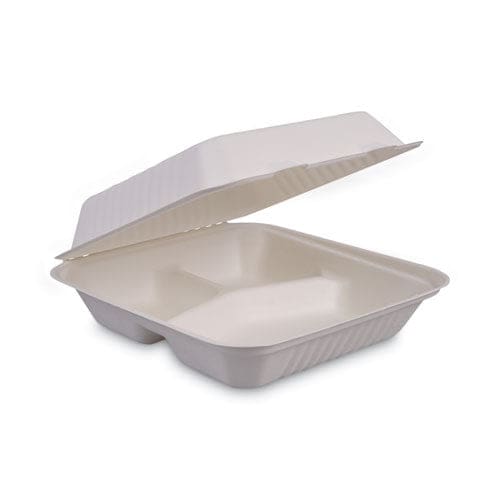 Boardwalk Bagasse Food Containers Hinged-lid 3-compartment 9 X 9 X 3.19 White Sugarcane 100/sleeve 2 Sleeves/carton - Food Service -