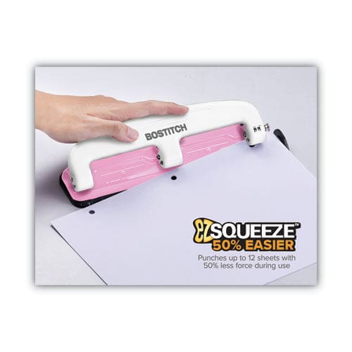 Bostitch 12-sheet Ez Squeeze Incourage Three-hole Punch 9/32 Holes Pink - School Supplies - Bostitch®