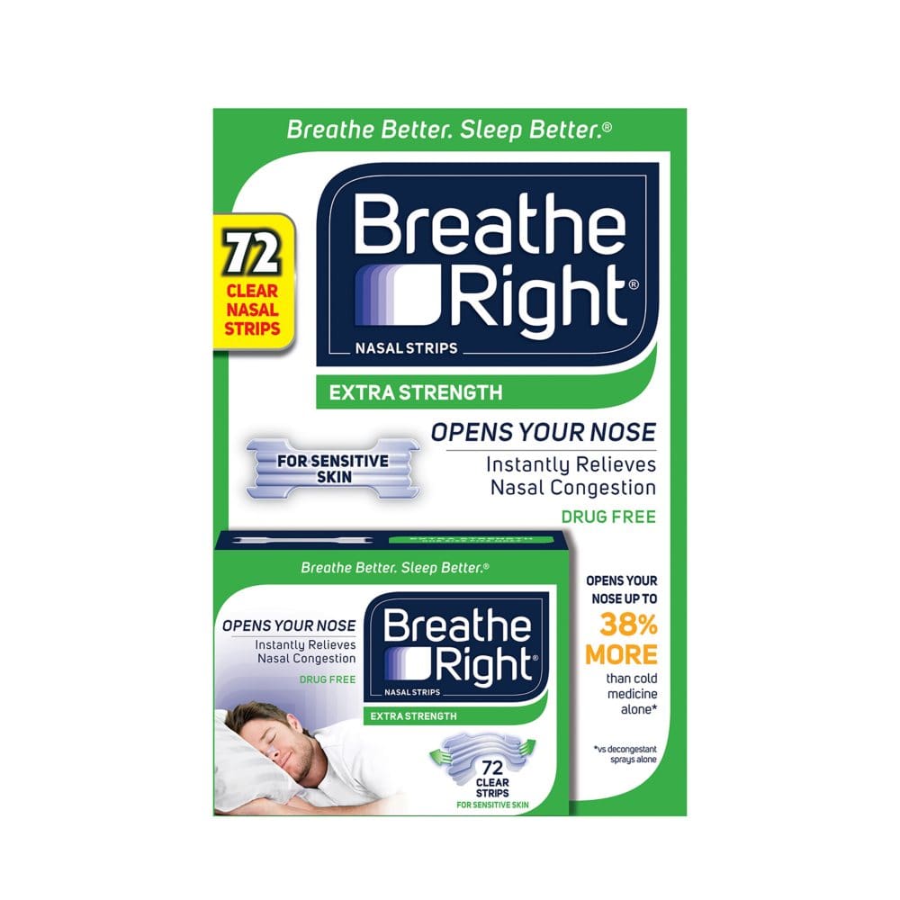 Breathe Right Nasal Strips Extra Strength Clear Help Stop Snoring For Sensitive Skin (72 ct.) - HSA & FSA - Medicine Cabinet - Breathe Right