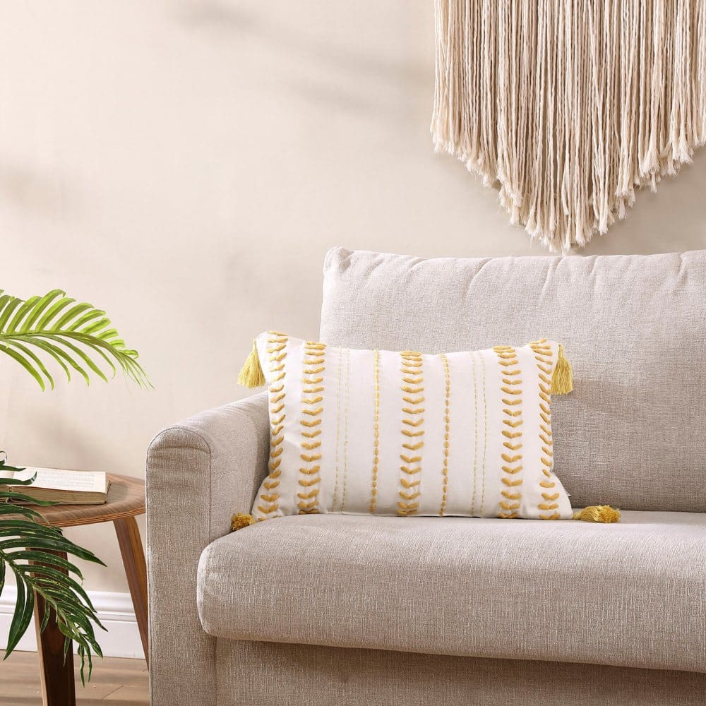 Brielle Home Milo Yellow Textured Decorative Throw Pillow with Tassels 14 x 20 - Decorative Pillows - Brielle Home
