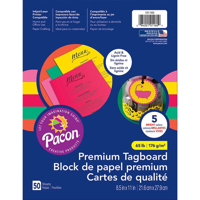 Brights Premium Tagboard Assortment 50Shts 8.5 X 11 (Pack of 6) - Tag Board - Dixon Ticonderoga Co - Pacon