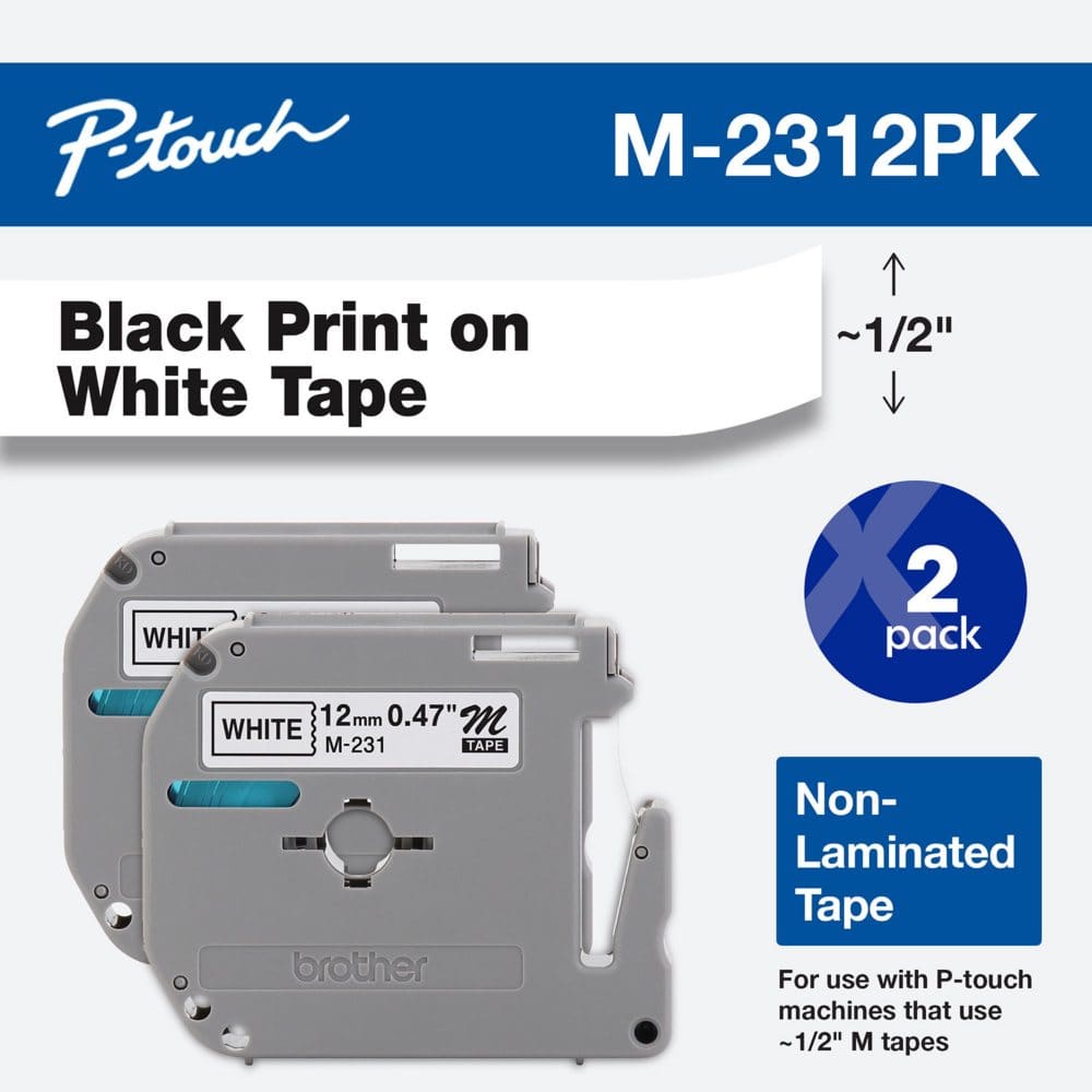 Brother Genuine P-touch M-Series Tape M2312PK 1/2in. x 26.2ft Black on White 2pk. - Labels & Label Makers - Brother