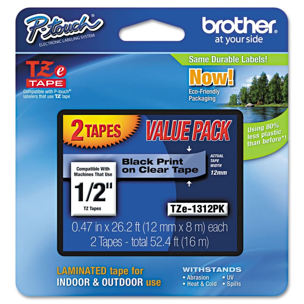Brother Genuine P-touch Tape TZE1312PK 1/2in x 26.2ft Black on Clear 2 pk. - Labels & Label Makers - Brother