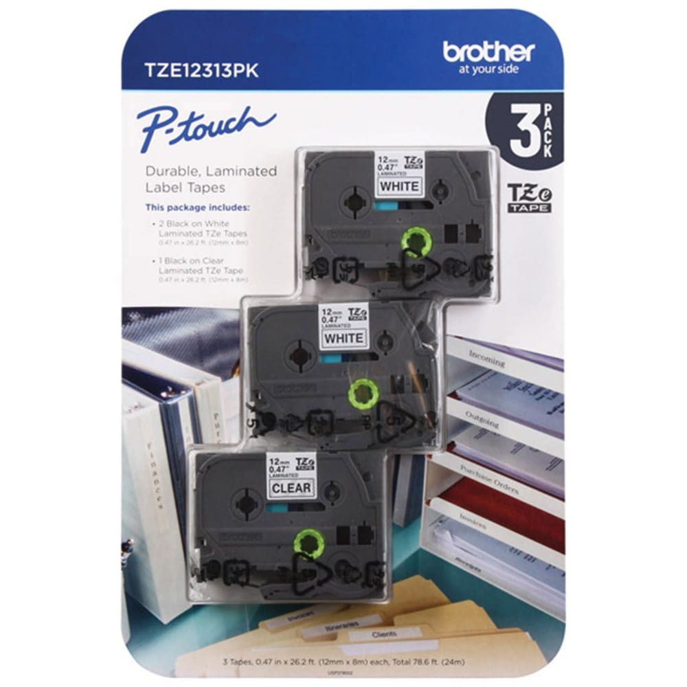 Brother P-Touch TZe12313PK Laminated Tape for Brother Label Makers- 3 Pack - Labels & Label Makers - Brother