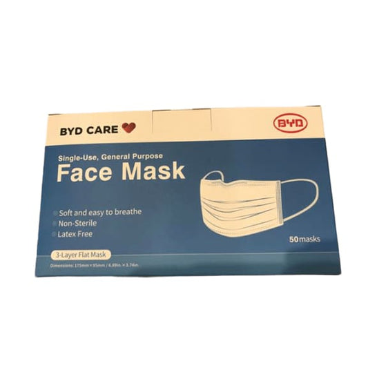 BYD Care Single-Use, General Purpose Face Mask, 3-Layer, 50 masks - ShelHealth.Com