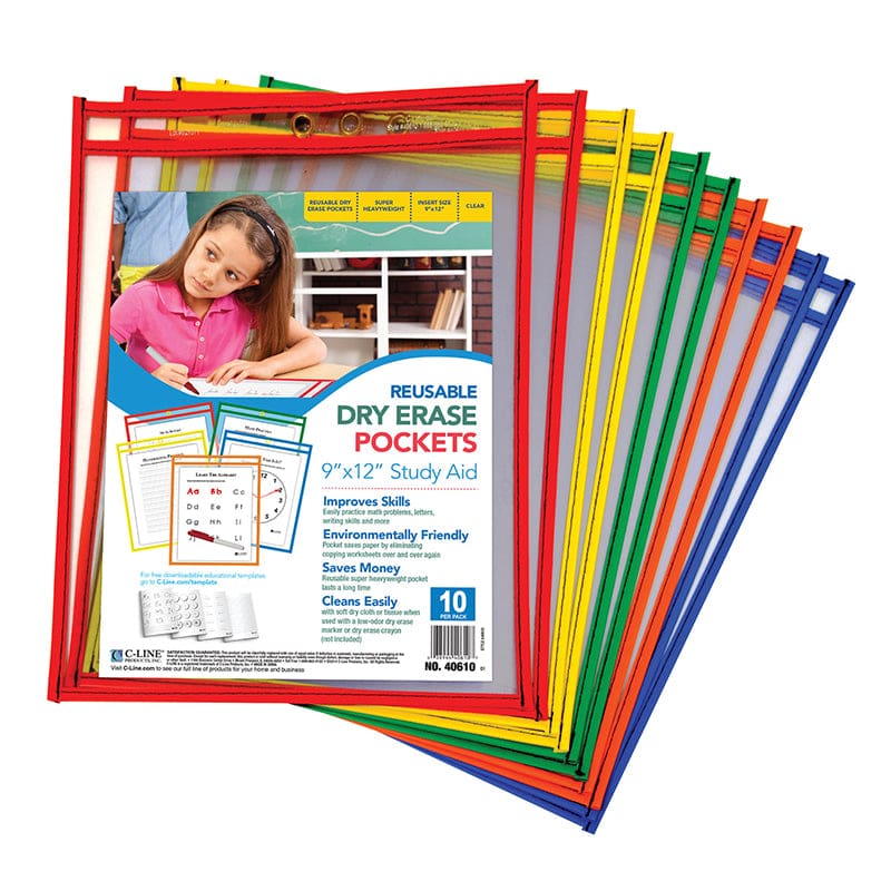 C Line Reusable 10Pk 9X12 Dry Erase Pockets Assorted Primary (Pack of 2) - Dry Erase Sheets - C-Line Products Inc