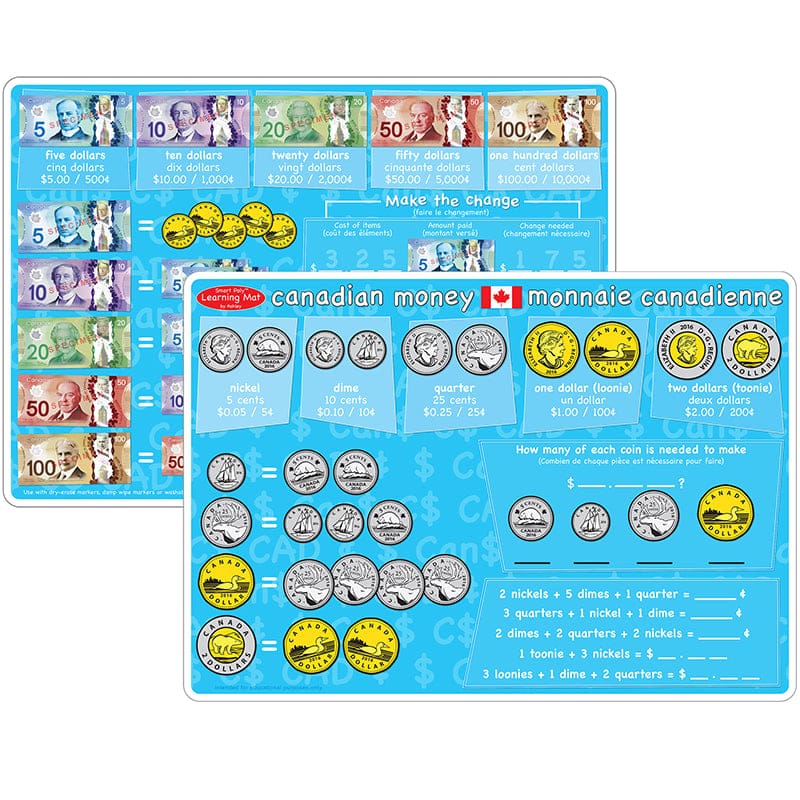 Canadian Money Learning Mat 2 Sided Write On Wipe Off (Pack of 10) - Money - Ashley Productions