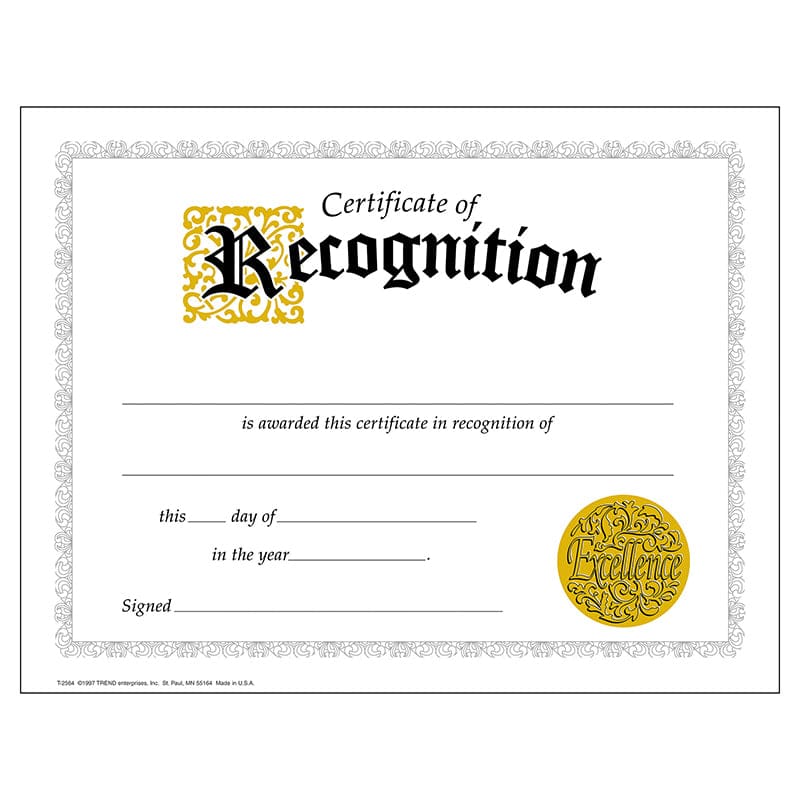 Certificate Of Recognition 30/Pk Classic 8-1/2 X 11 (Pack of 8) - Certificates - Trend Enterprises Inc.